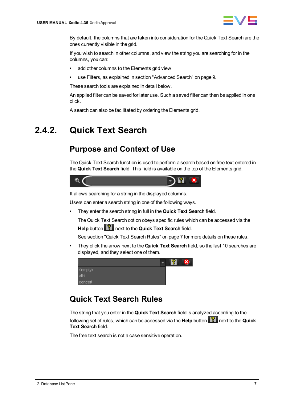 Quick text search, Purpose and context of use, Quick text search rules | EVS Xedio Approval Version 4.35 - August 2013 User Manual User Manual | Page 15 / 38