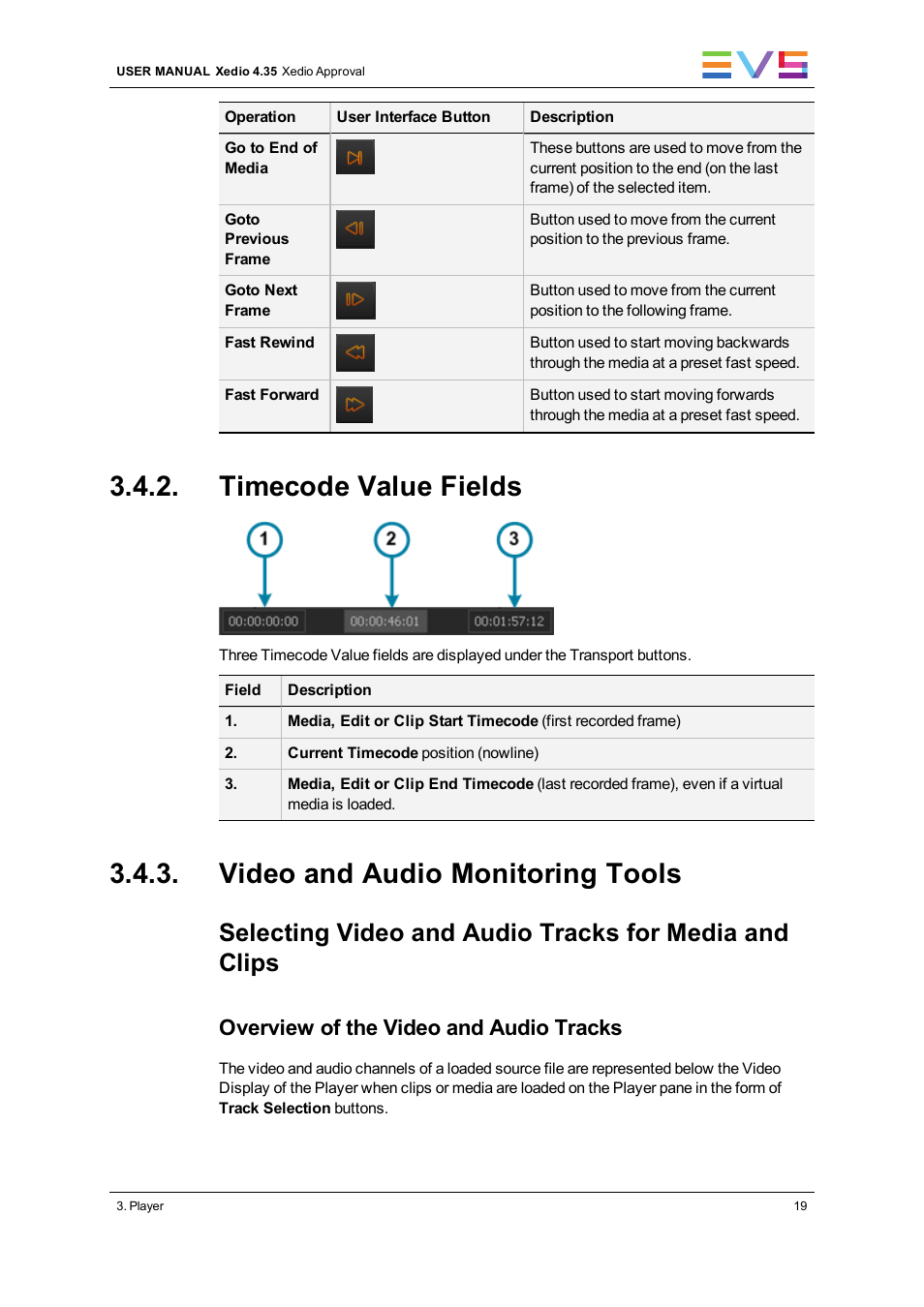 Timecode value fields, Video and audio monitoring tools, Overview of the video and audio tracks | EVS Xedio Approval Version 4.35 - August 2013 User Manual User Manual | Page 27 / 38