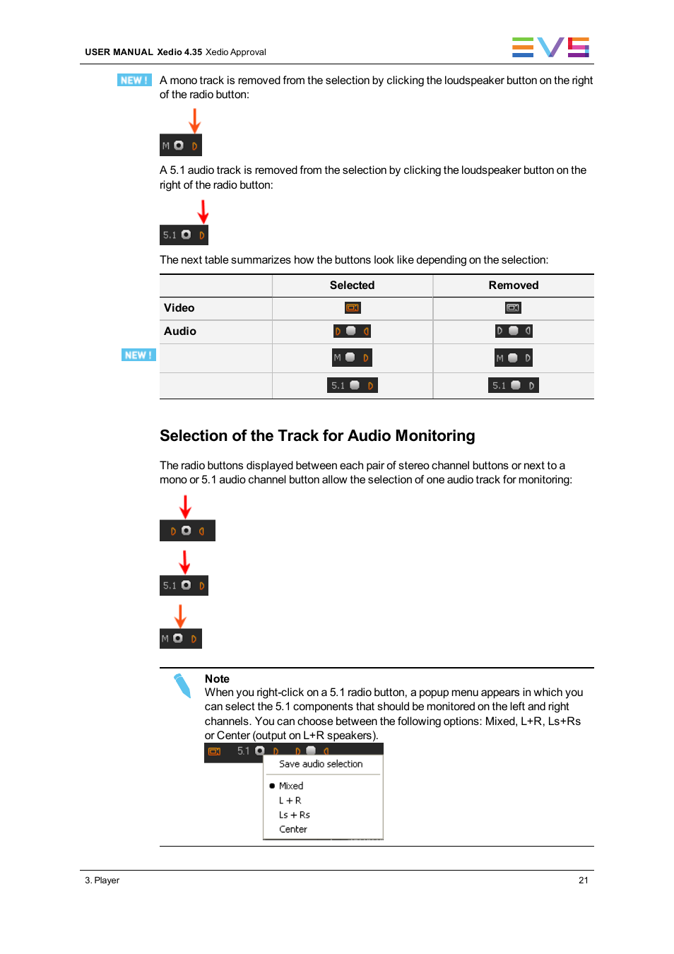 Selection of the track for audio monitoring | EVS Xedio Approval Version 4.35 - August 2013 User Manual User Manual | Page 29 / 38