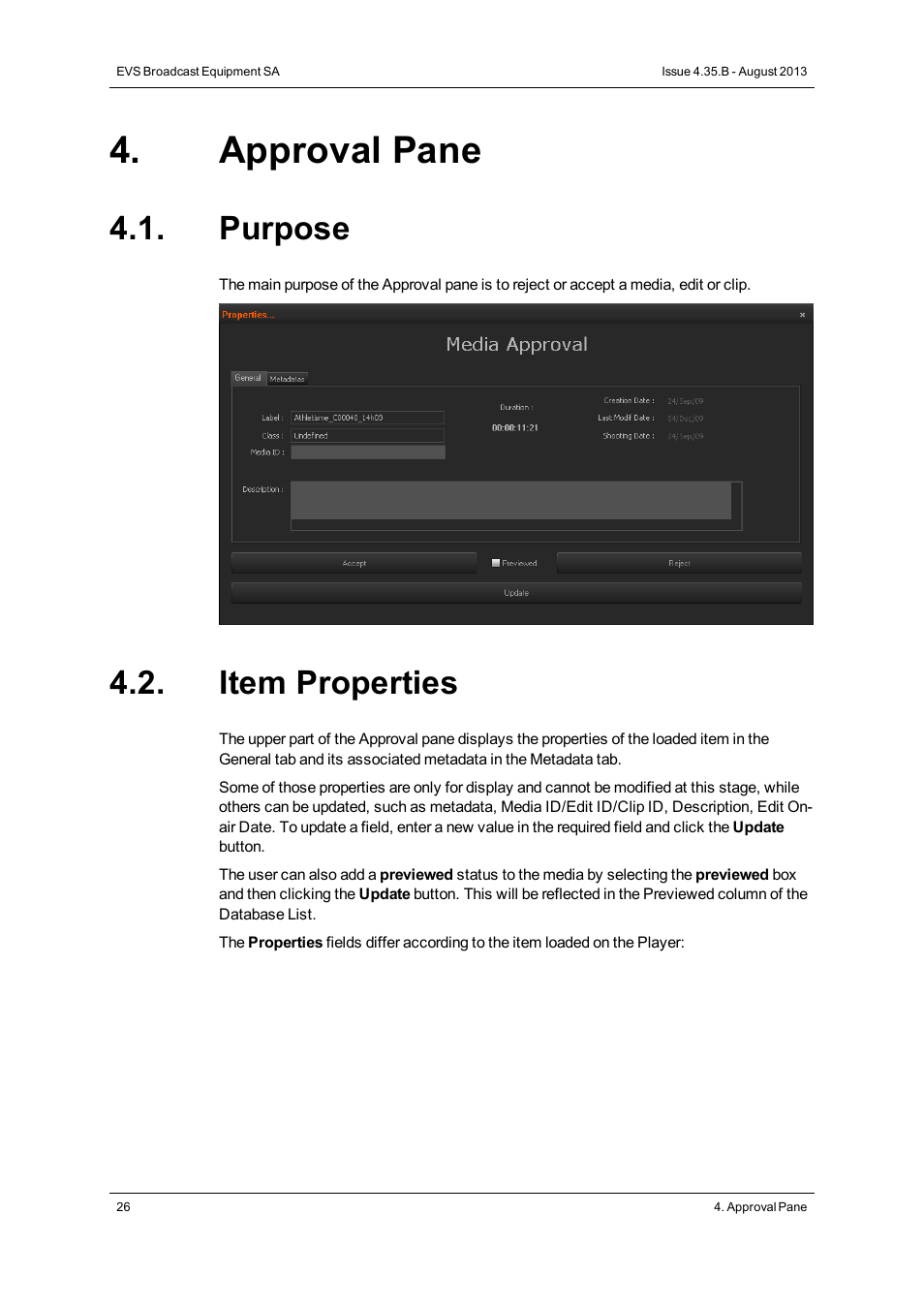 Approval pane, Purpose, Item properties | EVS Xedio Approval Version 4.35 - August 2013 User Manual User Manual | Page 34 / 38