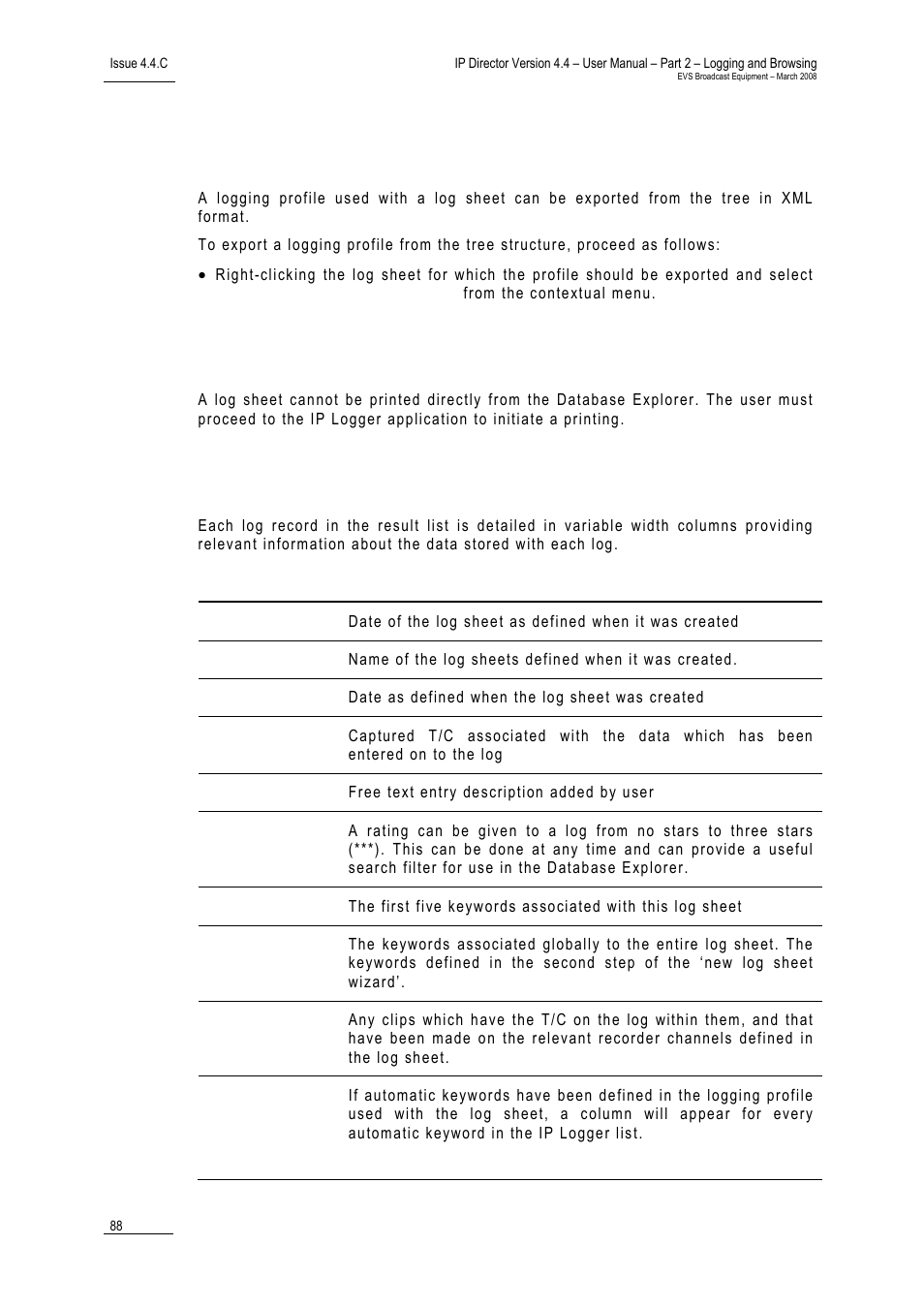 7 how to export a logging profile from the tree, 8 how to print a log sheet, 9 logs data column headings | How to export a logging profile from the tree, How to print a log sheet, Logs data column headings | EVS IPDirector Version 4.4 - March 2008 Part 2 User's Manual User Manual | Page 101 / 136