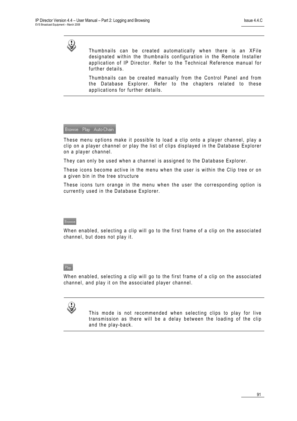 3 browse options, Browse, Play | Browse options, 3 ‘browse options, Rowse, Ptions | EVS IPDirector Version 4.4 - March 2008 Part 2 User's Manual User Manual | Page 104 / 136