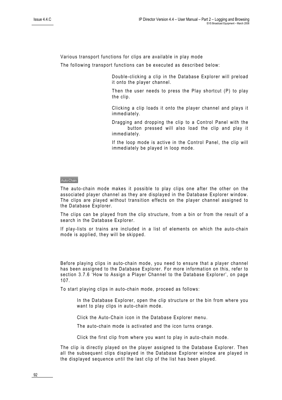 Transport functions in play mode, Auto-chain, How to play clips in auto-chain mode | EVS IPDirector Version 4.4 - March 2008 Part 2 User's Manual User Manual | Page 105 / 136