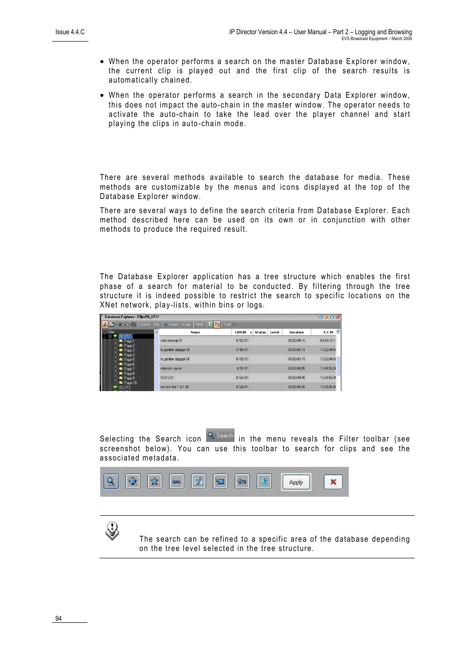 4 search options, Filtering using the tree structure, Filtering using search of metadata | Search options, 4 ‘search, Options, Earch, Ptions | EVS IPDirector Version 4.4 - March 2008 Part 2 User's Manual User Manual | Page 107 / 136