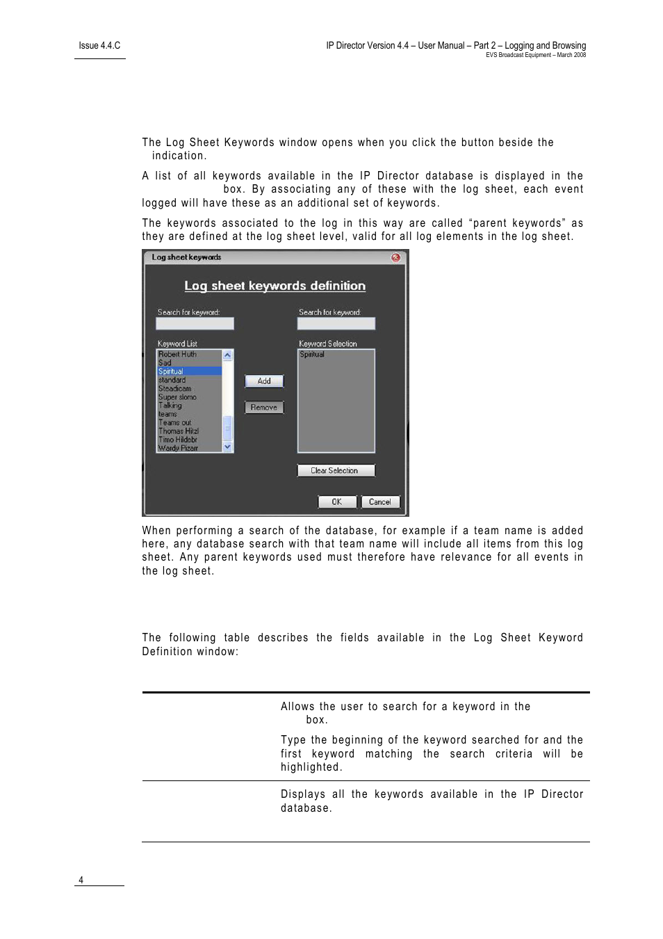 2 step 2: defining the log sheet keywords, Fields in the log sheet keyword definition window, Step 2: defining the log sheet keywords | Efining the, Heet, Eywords | EVS IPDirector Version 4.4 - March 2008 Part 2 User's Manual User Manual | Page 17 / 136