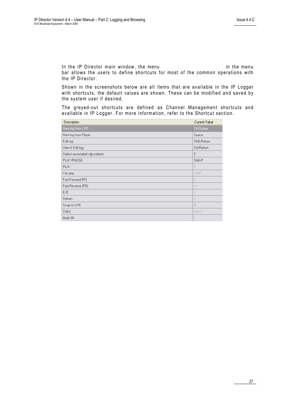 8 ip logger shortcuts | EVS IPDirector Version 4.4 - March 2008 Part 2 User's Manual User Manual | Page 40 / 136