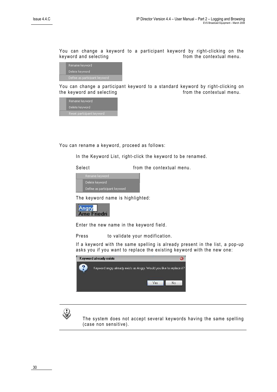 4 changing the keywords type, 5 how to rename keywords, Changing the keywords type | How to rename keywords, Hanging the, Eywords, Ow to, Ename | EVS IPDirector Version 4.4 - March 2008 Part 2 User's Manual User Manual | Page 43 / 136