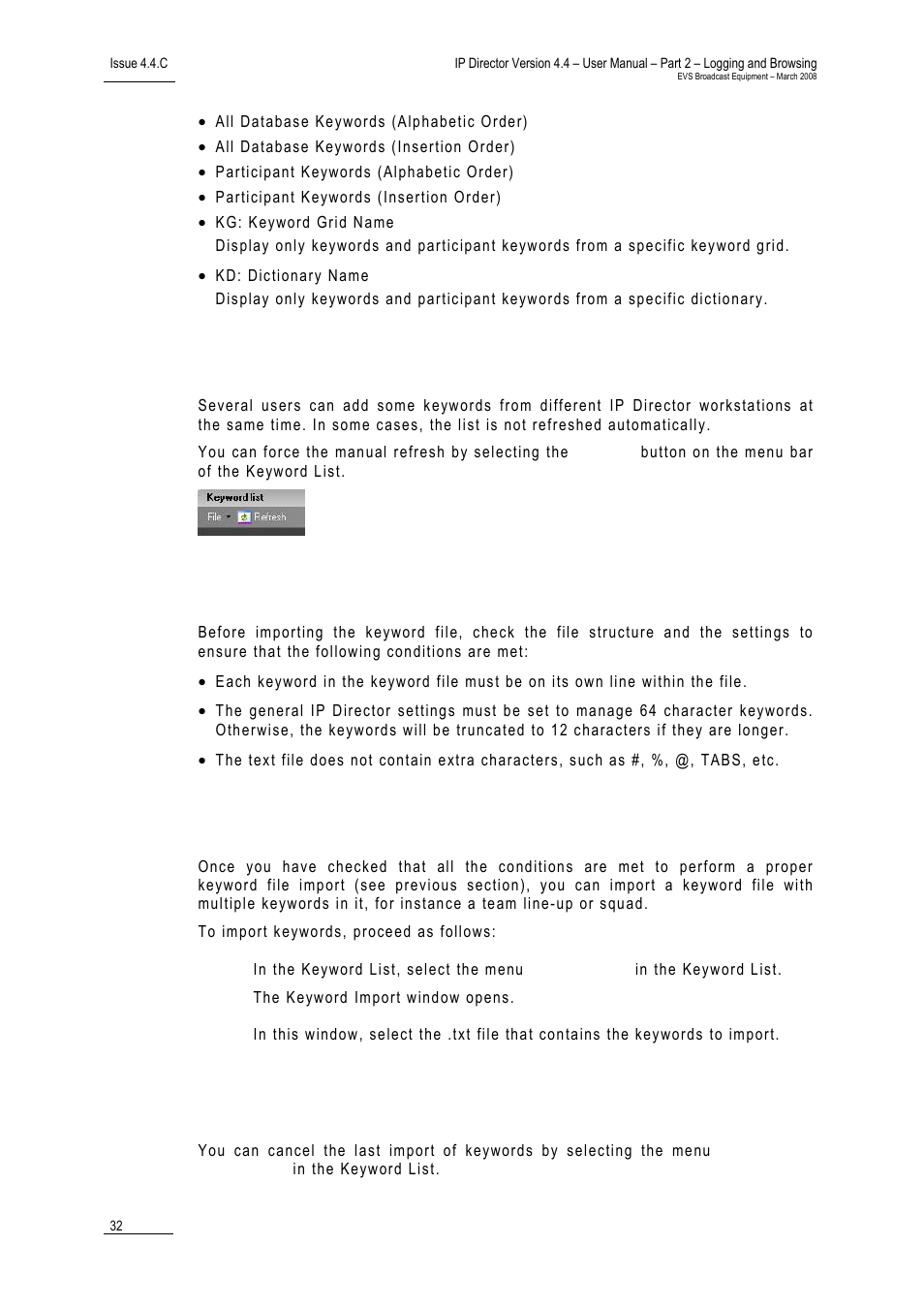 8 refresh list, 9 rules for keyword file import, 10 how to import keywords | 11 how to cancel the last keyword import, Refresh list, Rules for keyword file import, How to import keywords, How to cancel the last keyword import, 10 h, 11 h | EVS IPDirector Version 4.4 - March 2008 Part 2 User's Manual User Manual | Page 45 / 136