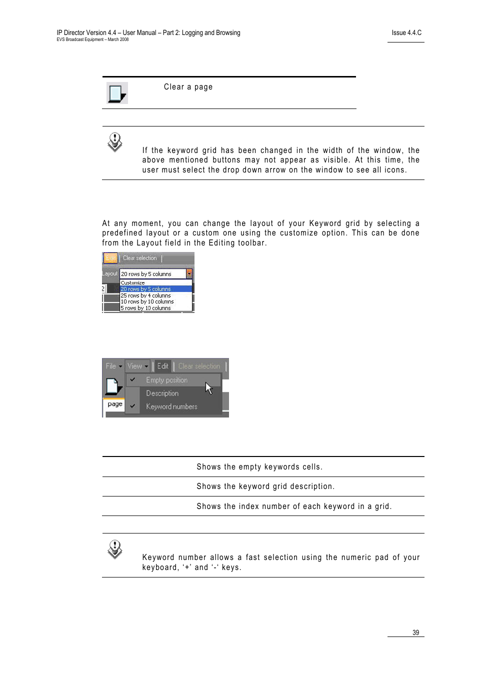 Keyword grid layout, 5 keyword grid view options, Keyword grid view options | Eyword, Ptions | EVS IPDirector Version 4.4 - March 2008 Part 2 User's Manual User Manual | Page 52 / 136