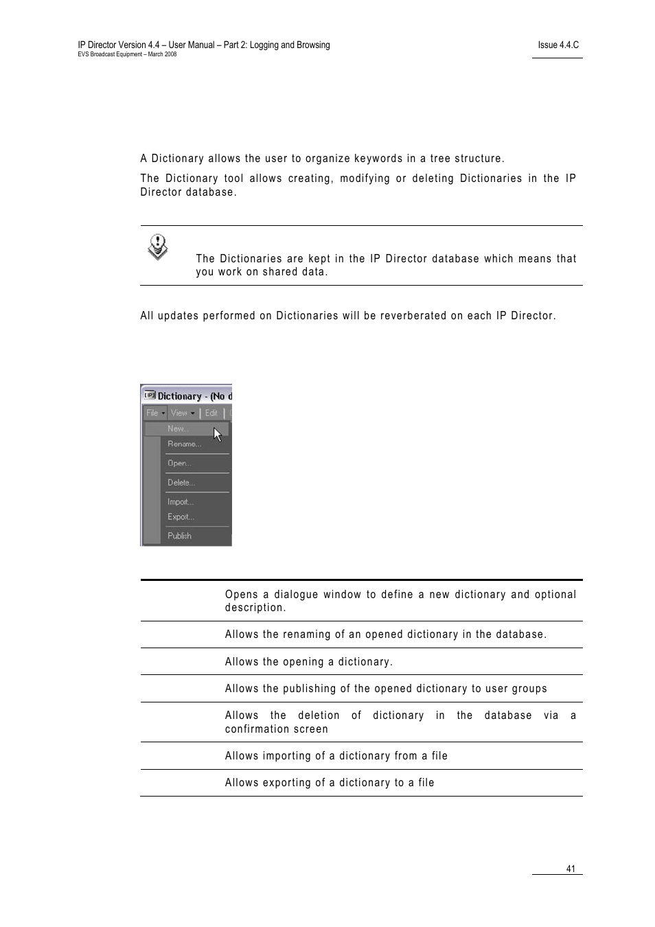 4 dictionary tool, 1 keyword dictionary menu, Keyword dictionary menu | Eyword, Ictionary | EVS IPDirector Version 4.4 - March 2008 Part 2 User's Manual User Manual | Page 54 / 136