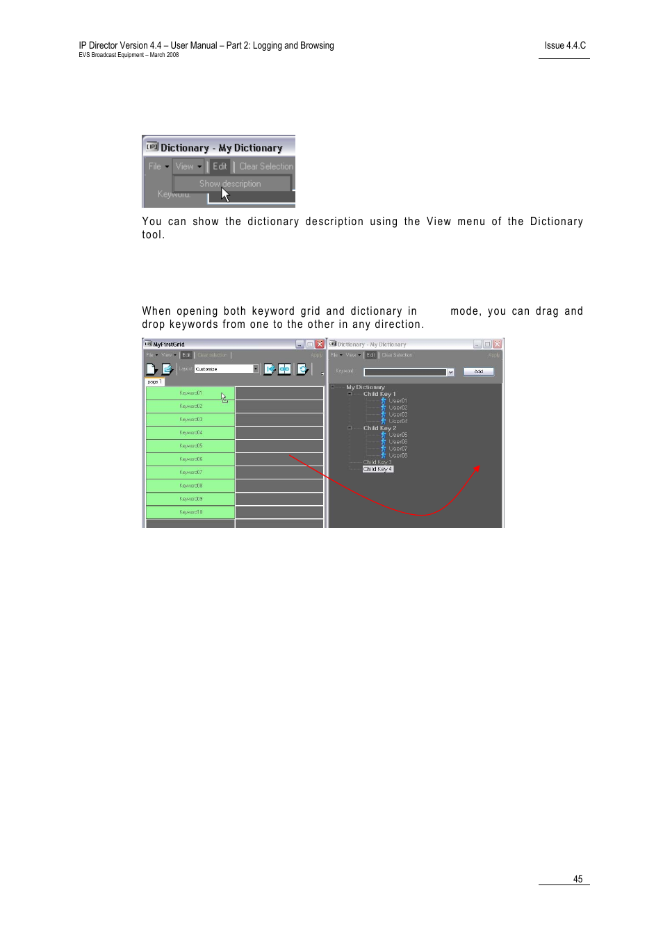 9 description view option, 10 dictionary and grid editing, Description view option | Dictionary and grid editing, 10 d | EVS IPDirector Version 4.4 - March 2008 Part 2 User's Manual User Manual | Page 58 / 136