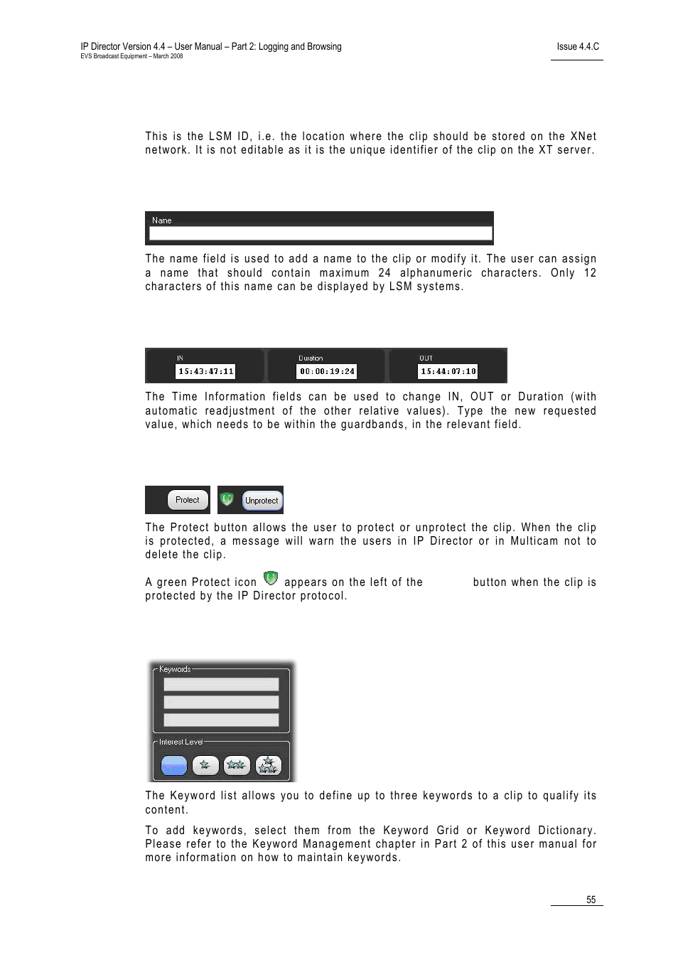 Clip name, Time information fields, Protect clip | Keyword & interest level | EVS IPDirector Version 4.4 - March 2008 Part 2 User's Manual User Manual | Page 68 / 136