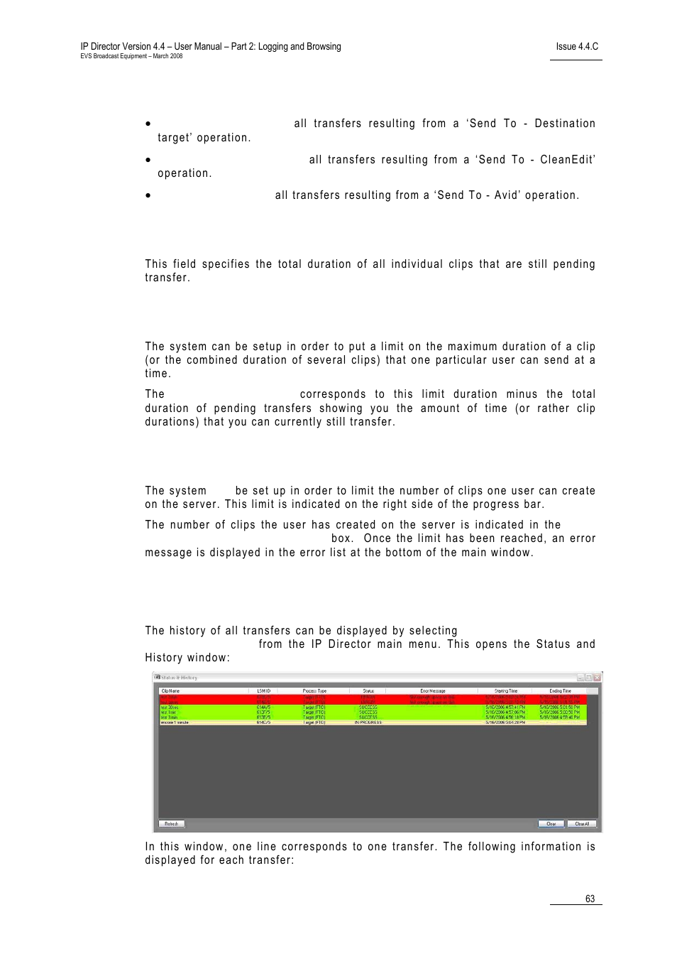 Types of transfer, Total duration, Remaining duration | Clips you have created on the server, 17 transfer history, Transfer history, 17 t, Ransfer, Istory | EVS IPDirector Version 4.4 - March 2008 Part 2 User's Manual User Manual | Page 76 / 136
