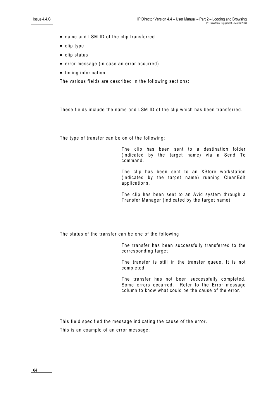 Clip name and lsm id, Transfer type, Status | Error message | EVS IPDirector Version 4.4 - March 2008 Part 2 User's Manual User Manual | Page 77 / 136