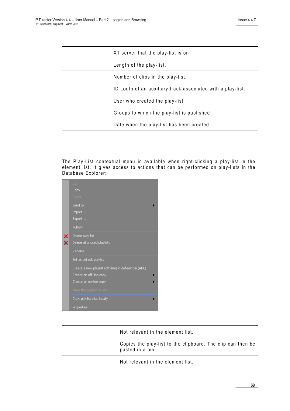 4 play-list contextual menu, Play-list contextual menu, Ontextual | EVS IPDirector Version 4.4 - March 2008 Part 2 User's Manual User Manual | Page 82 / 136