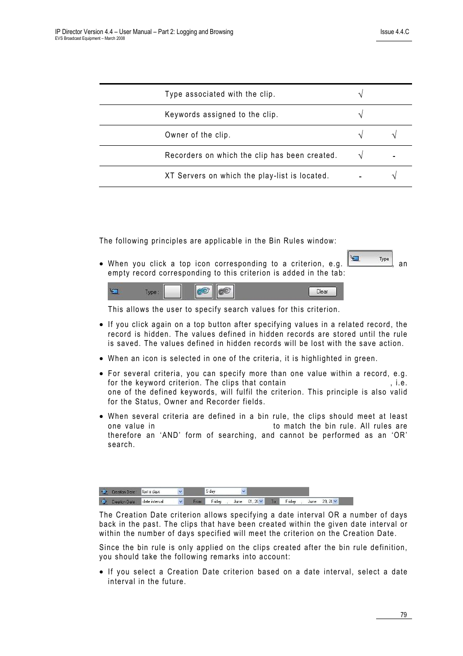 Principles for criteria definition, Creation date | EVS IPDirector Version 4.4 - March 2008 Part 2 User's Manual User Manual | Page 92 / 136