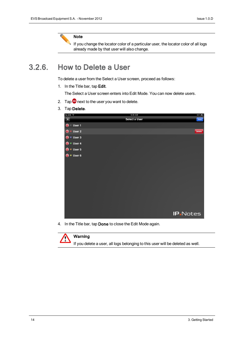 How to delete a user | EVS IPNotes Version 1.0 - November 2012 User Manual User Manual | Page 19 / 70