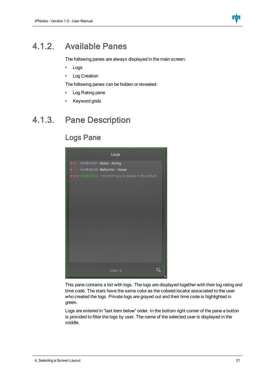 Available panes, Pane description, Logs pane | EVS IPNotes Version 1.0 - November 2012 User Manual User Manual | Page 26 / 70