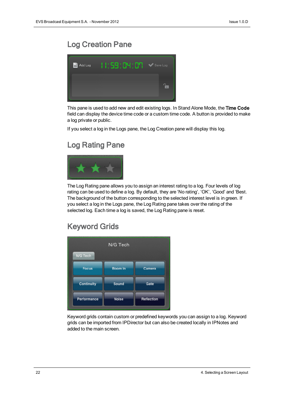 Log creation pane, Log rating pane, Keyword grids | EVS IPNotes Version 1.0 - November 2012 User Manual User Manual | Page 27 / 70