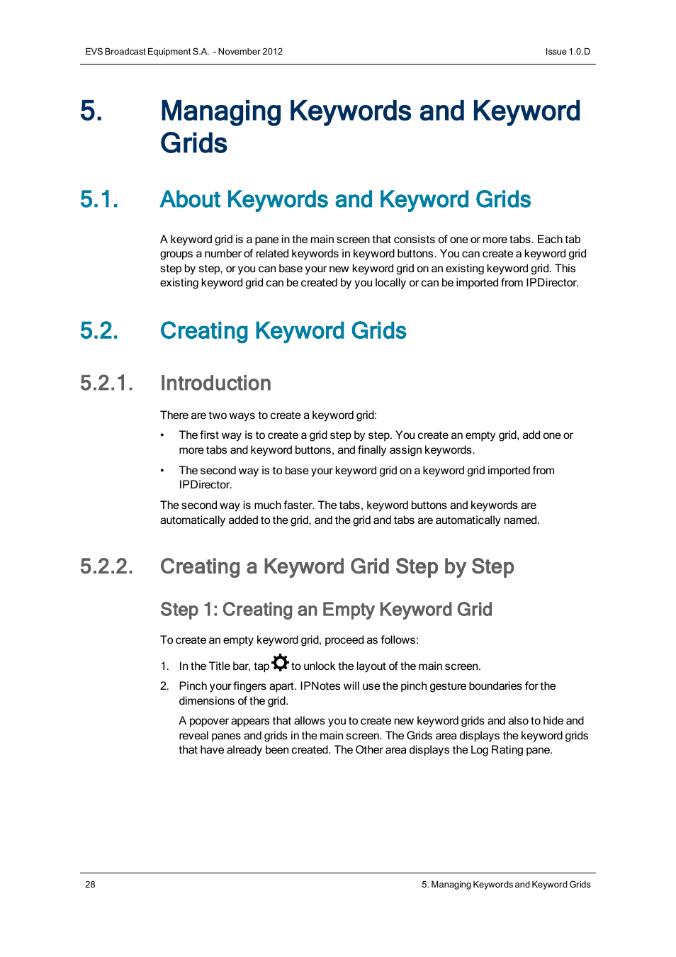 Managing keywords and keyword grids, About keywords and keyword grids, Creating keyword grids | Introduction, Creating a keyword grid step by step, Step 1: creating an empty keyword grid | EVS IPNotes Version 1.0 - November 2012 User Manual User Manual | Page 33 / 70