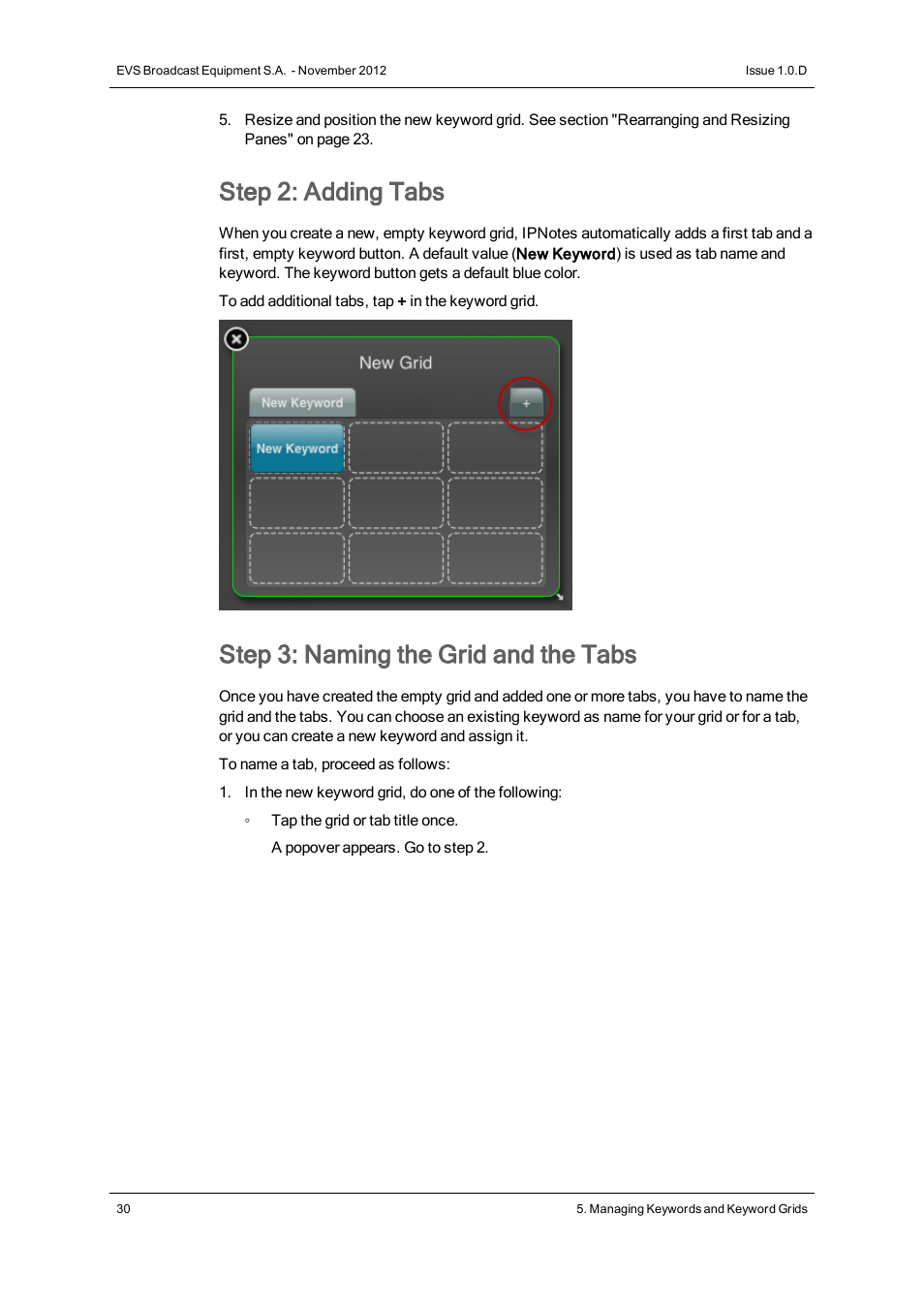 Step 2: adding tabs, Step 3: naming the grid and the tabs | EVS IPNotes Version 1.0 - November 2012 User Manual User Manual | Page 35 / 70