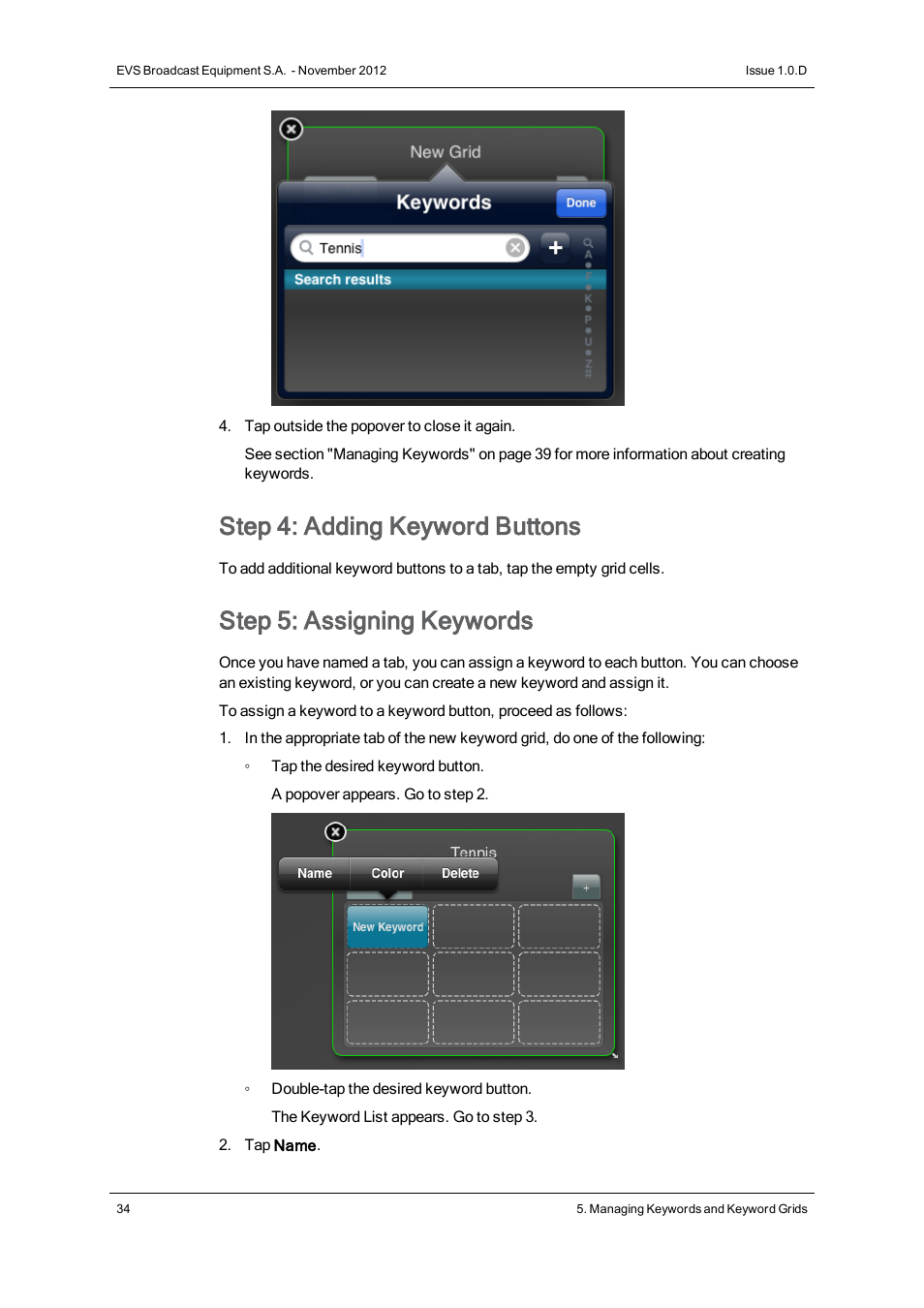 Step 4: adding keyword buttons, Step 5: assigning keywords | EVS IPNotes Version 1.0 - November 2012 User Manual User Manual | Page 39 / 70