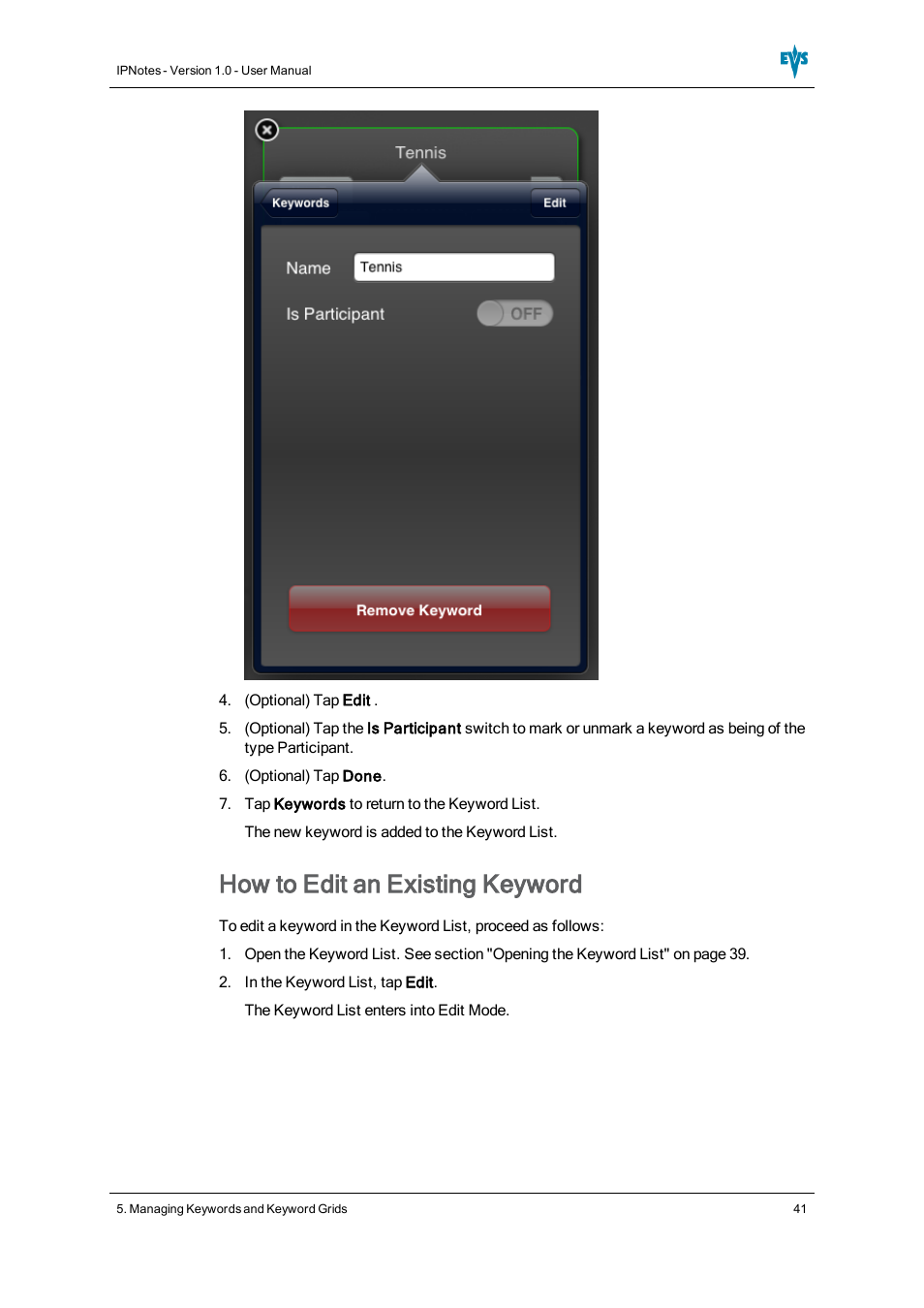 How to edit an existing keyword | EVS IPNotes Version 1.0 - November 2012 User Manual User Manual | Page 46 / 70