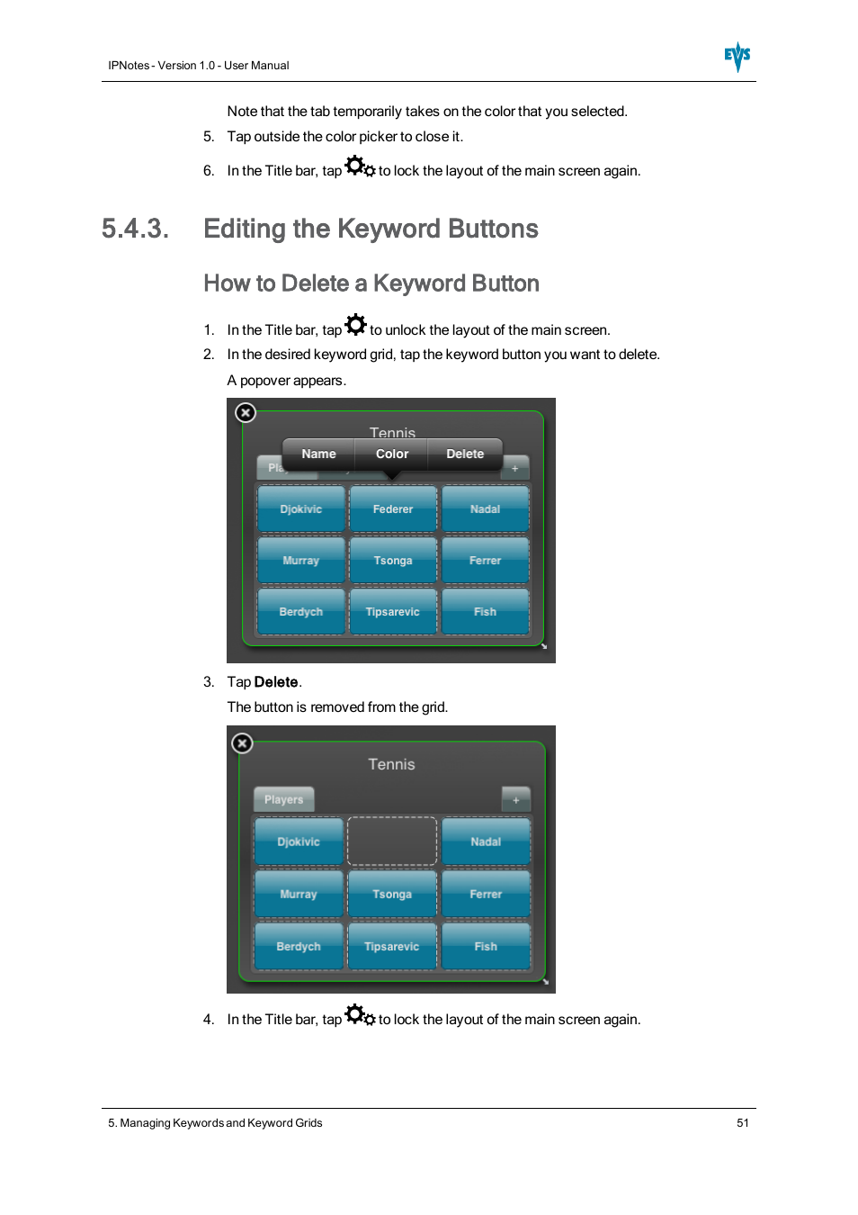Editing the keyword buttons, How to delete a keyword button | EVS IPNotes Version 1.0 - November 2012 User Manual User Manual | Page 56 / 70