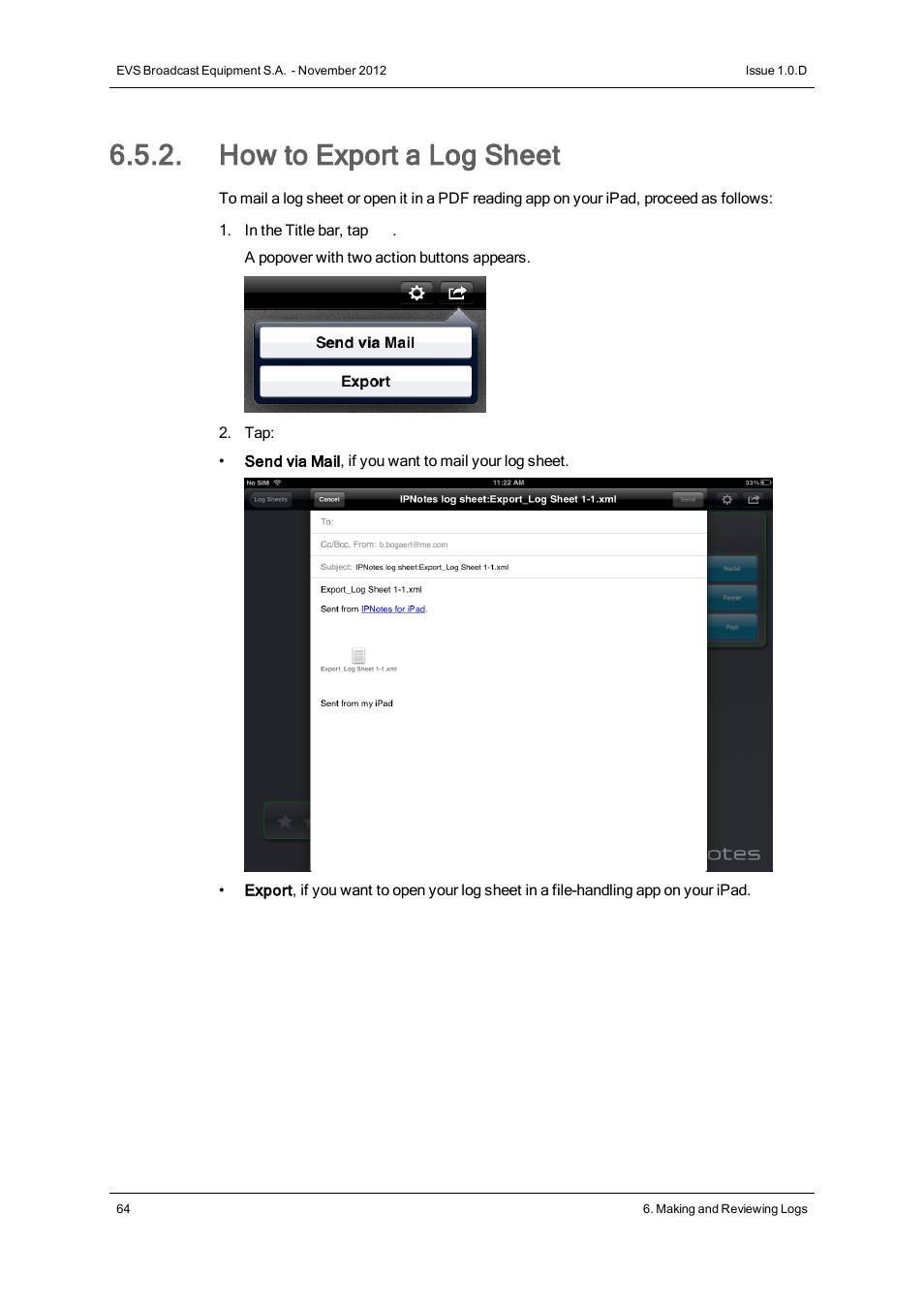 How to export a log sheet | EVS IPNotes Version 1.0 - November 2012 User Manual User Manual | Page 69 / 70