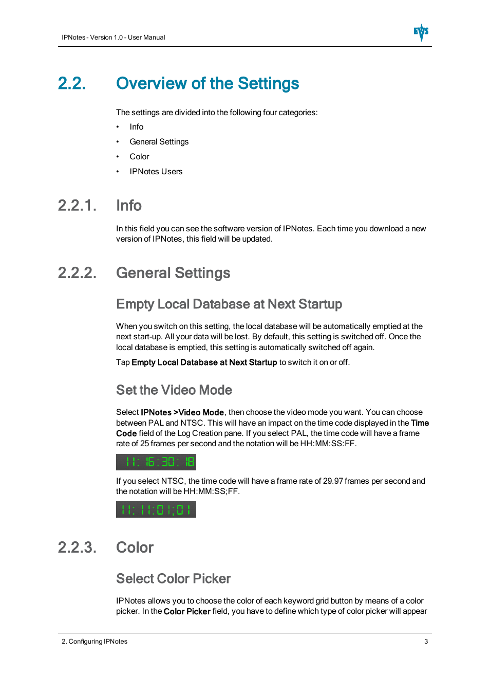 Overview of the settings, Info, General settings | Color, Empty local database at next startup, Set the video mode, Select color picker | EVS IPNotes Version 1.0 - November 2012 User Manual User Manual | Page 8 / 70