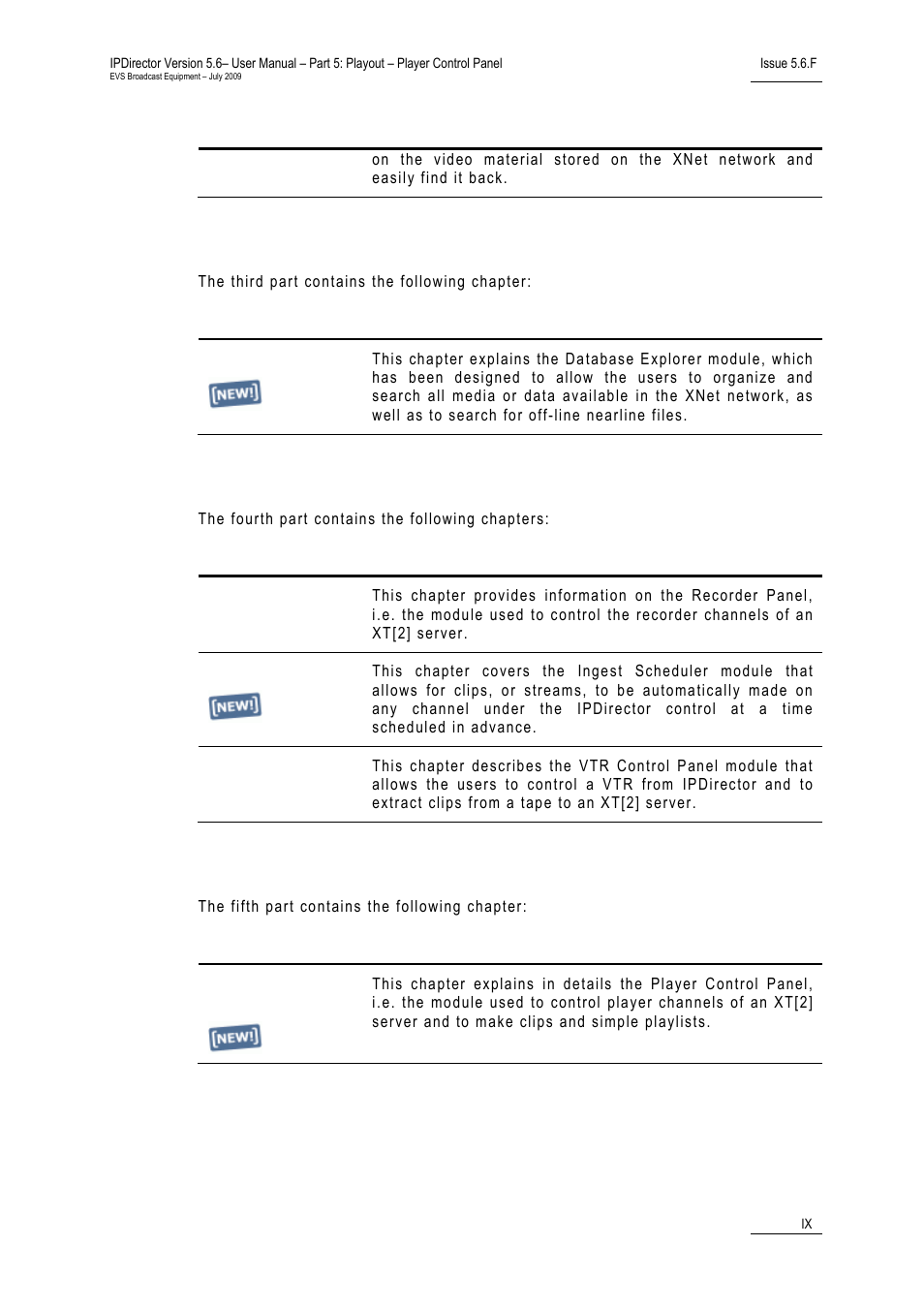 Part 3: browsing, Part 4: ingest, Part 5: playout – control panel | EVS IPDirector Version 5.6 - May 2009 Part 5 User's Manual User Manual | Page 10 / 103