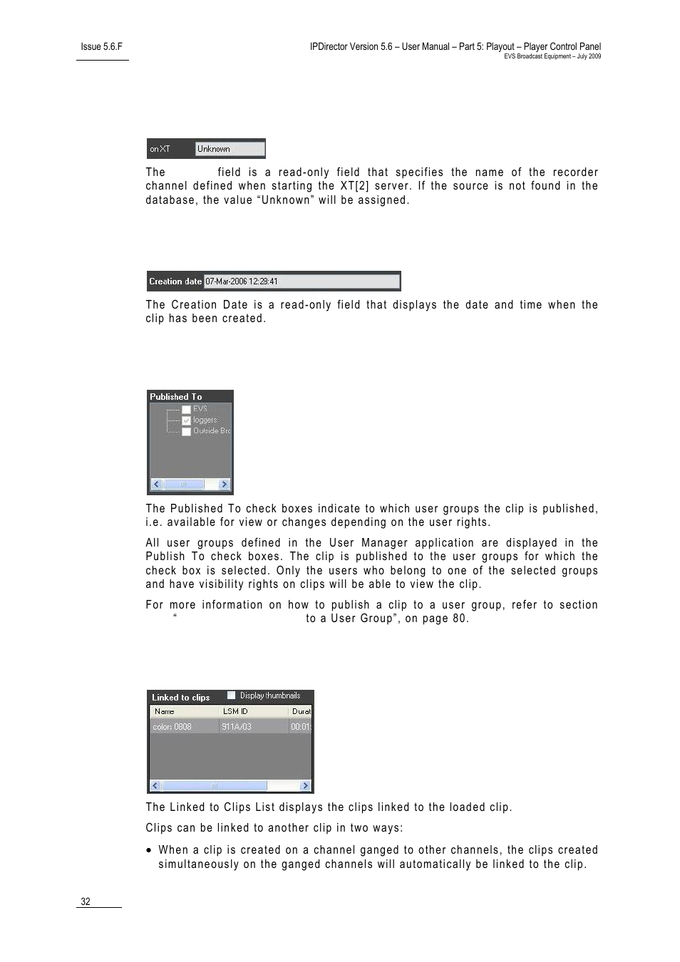 5 on xt field, 6 creation date, 7 published to check boxes | 8 linked to clips list, On xt field, Creation date, Published to check boxes, Linked to clips list | EVS IPDirector Version 5.6 - May 2009 Part 5 User's Manual User Manual | Page 43 / 103