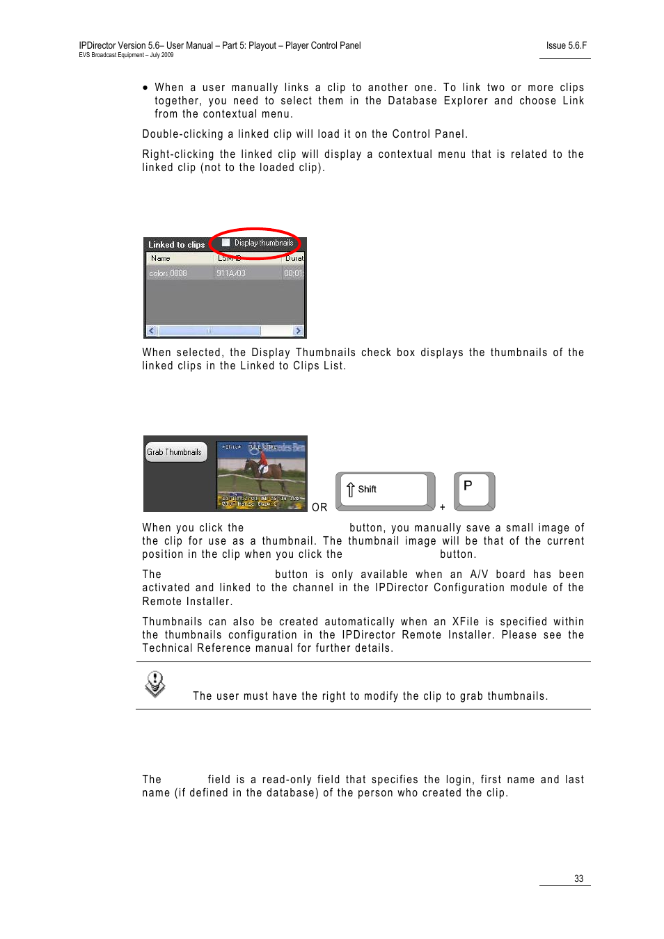 Display thumbnails check box, 10 grab thumbnails button, 11 owner field | Grab thumbnails button, Owner field, 10 g, 11 o | EVS IPDirector Version 5.6 - May 2009 Part 5 User's Manual User Manual | Page 44 / 103