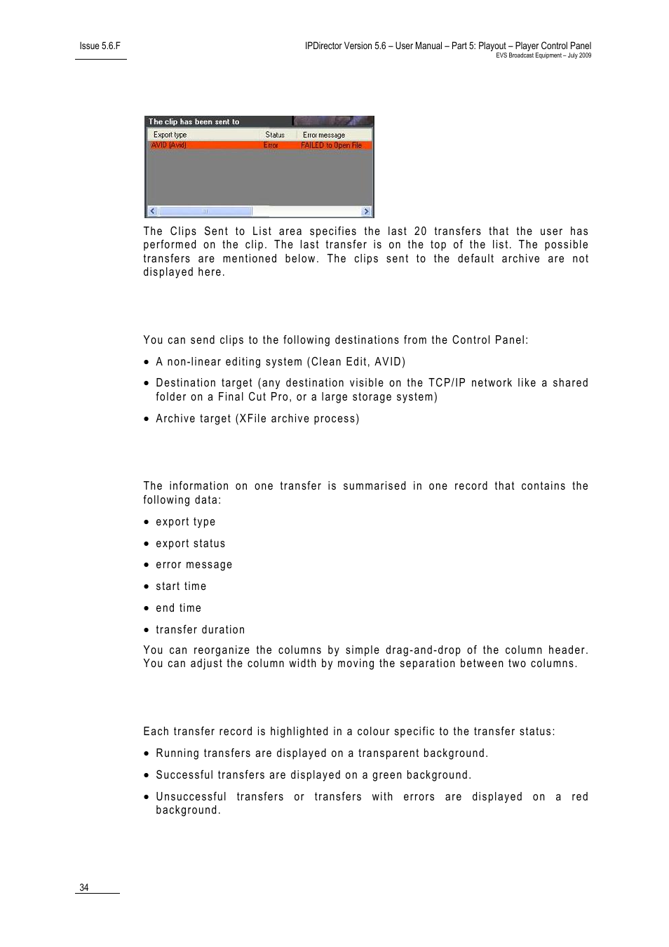 12 clips sent to list, Possible transfers, Transfer information | Transfer status, Clips sent to list, 12 c, Lips, Ent to | EVS IPDirector Version 5.6 - May 2009 Part 5 User's Manual User Manual | Page 45 / 103