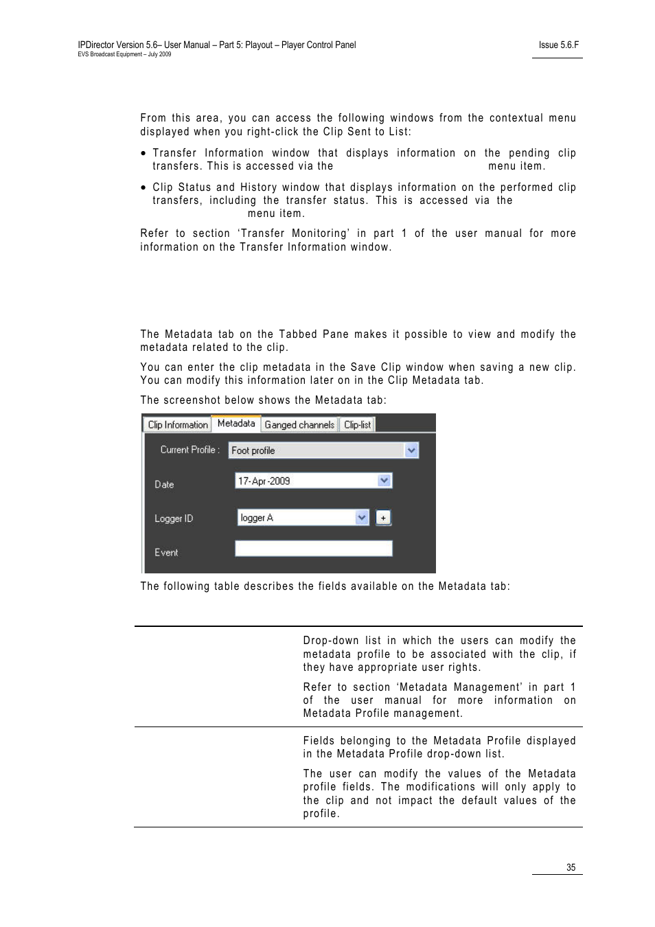 Viewing detailed transfer information, 7 metadata tab, Cp_metadatatab | Metadata tab, 7 ‘metadata tab | EVS IPDirector Version 5.6 - May 2009 Part 5 User's Manual User Manual | Page 46 / 103