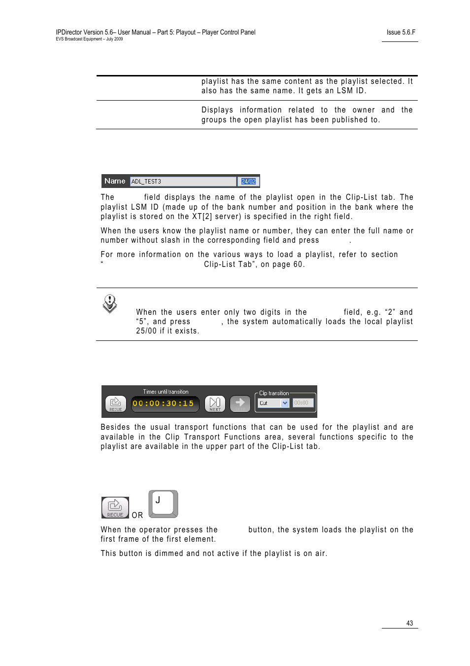 5 playlist name and lsm id, 6 playlist functions, Recue | Playlist name and lsm id, Playlist functions, Laylist, Ame and, Unctions | EVS IPDirector Version 5.6 - May 2009 Part 5 User's Manual User Manual | Page 54 / 103