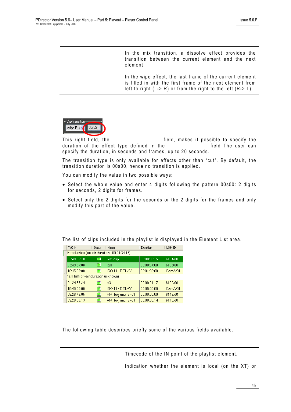 Clip transition – transition duration, 7 element list, Field description | Cp_elementlist, Element list, Lement | EVS IPDirector Version 5.6 - May 2009 Part 5 User's Manual User Manual | Page 56 / 103