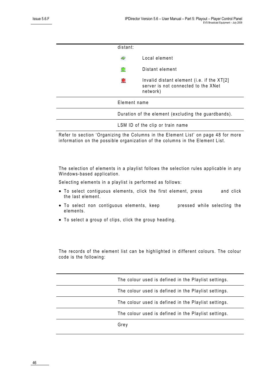Selection of elements in a playlist, 8 colour code in the element list, Colour code in the element list | Olour, Ode in the, Lement | EVS IPDirector Version 5.6 - May 2009 Part 5 User's Manual User Manual | Page 57 / 103