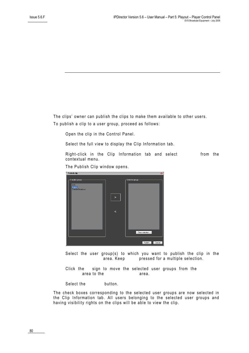Publishing and transferring media, 1 how to publish a clip to a user group, Cp_publishclip | How to publish a clip to a user group | EVS IPDirector Version 5.6 - May 2009 Part 5 User's Manual User Manual | Page 91 / 103