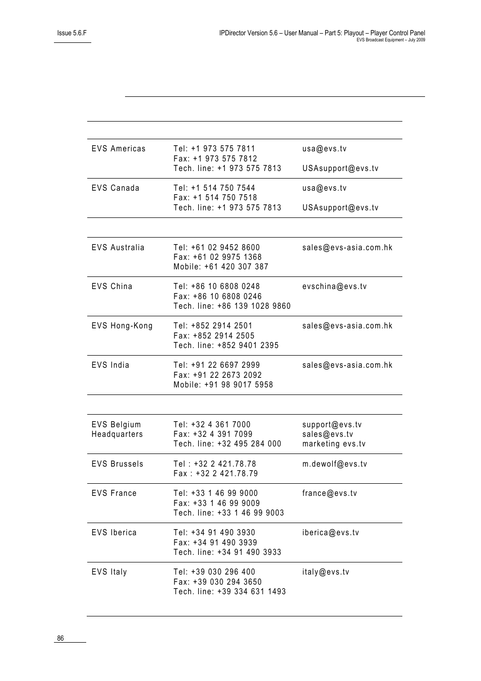 Regional contacts | EVS IPDirector Version 5.6 - May 2009 Part 5 User's Manual User Manual | Page 97 / 103
