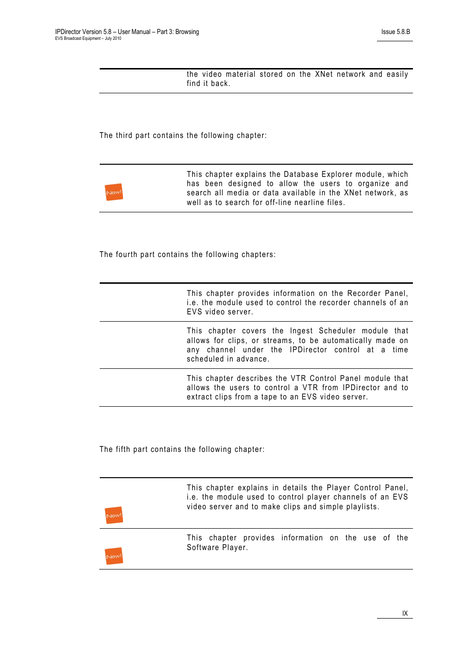 Part 3: browsing, Part 4: ingest, Part 5: playout – control panel | EVS IPDirector Version 5.8 - July 2010 Part 3 User's Manual User Manual | Page 10 / 137