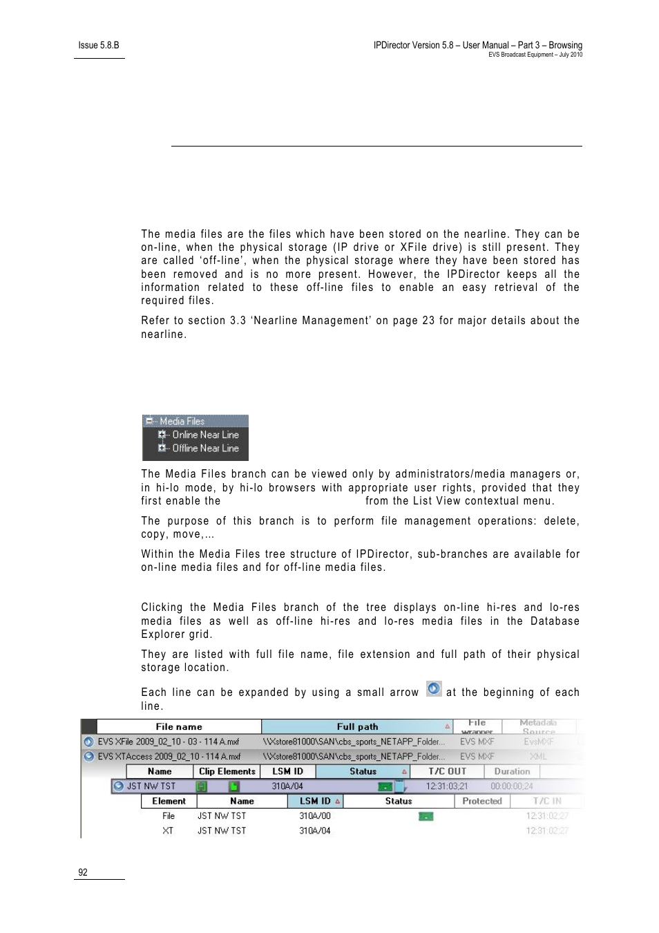 Media files view, 1 introduction, 2 media files tree structure | Introduction, Media files tree structure, 10 ‘media files view’ on pa | EVS IPDirector Version 5.8 - July 2010 Part 3 User's Manual User Manual | Page 103 / 137