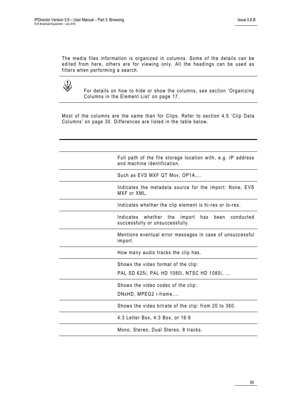 3 media files data columns, Media files data columns | EVS IPDirector Version 5.8 - July 2010 Part 3 User's Manual User Manual | Page 104 / 137