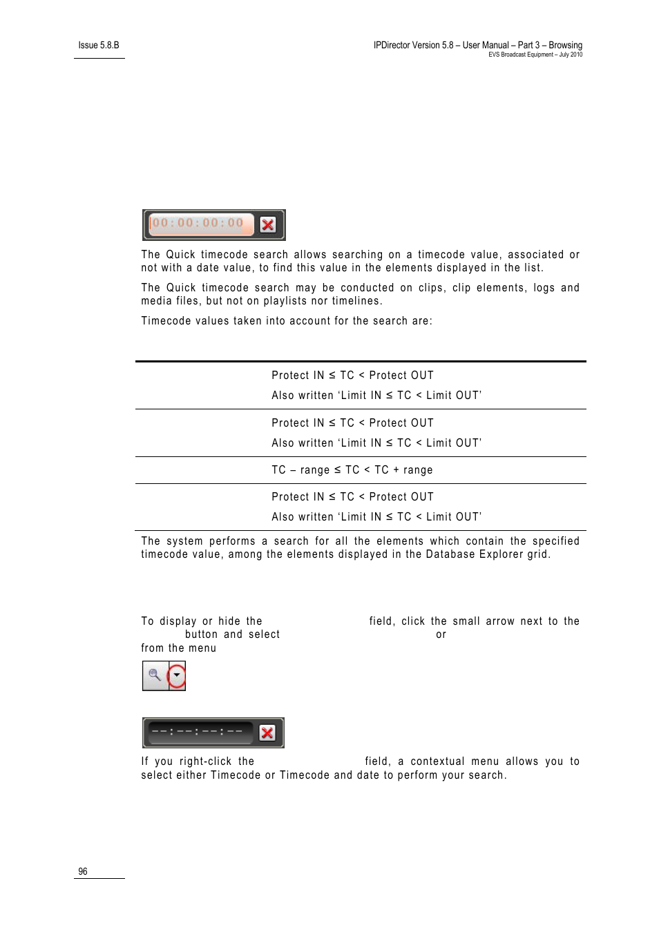 3 quick search options, 1 quick tc search, Introduction | Quick tc search field display, Quick search options, Quick tc search, 1 ‘quick tc search, Uick, Earch | EVS IPDirector Version 5.8 - July 2010 Part 3 User's Manual User Manual | Page 107 / 137