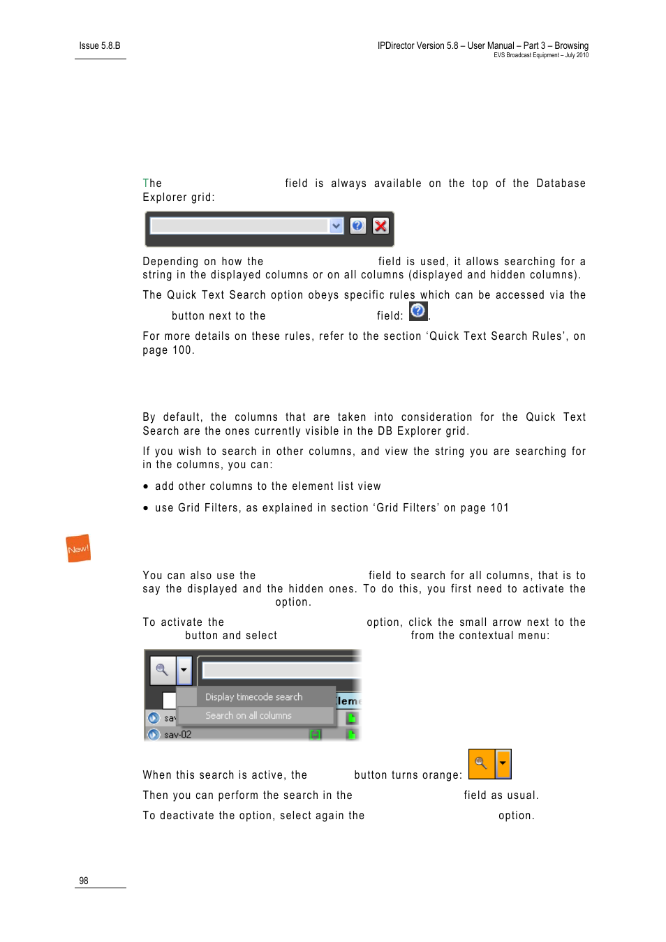 2 quick text search, Introduction, Search on displayed columns | Search on all columns, Quick text search, Uick, Earch | EVS IPDirector Version 5.8 - July 2010 Part 3 User's Manual User Manual | Page 109 / 137