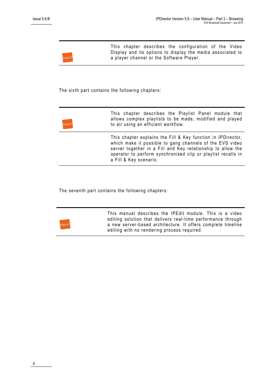 Part 6: playout – playlist panel, Part 7: editing | EVS IPDirector Version 5.8 - July 2010 Part 3 User's Manual User Manual | Page 11 / 137