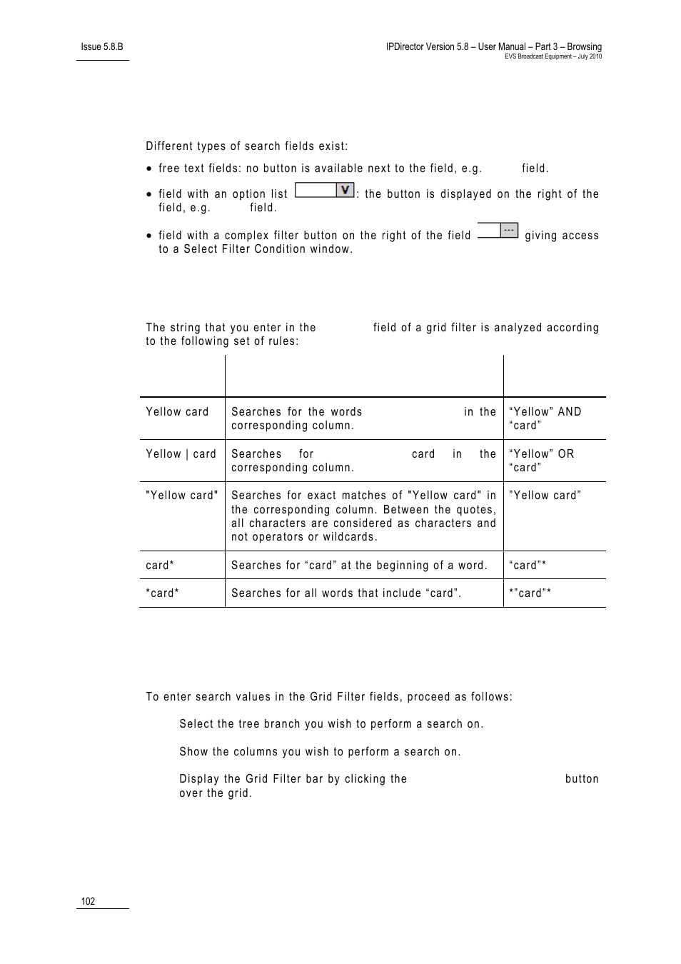 1 search fields types, 2 grid filter rules, Search fields types | Grid filter rules, How to perform a search through grid filter fields, Earch, Ields, Ypes, Ilter, Ules | EVS IPDirector Version 5.8 - July 2010 Part 3 User's Manual User Manual | Page 113 / 137