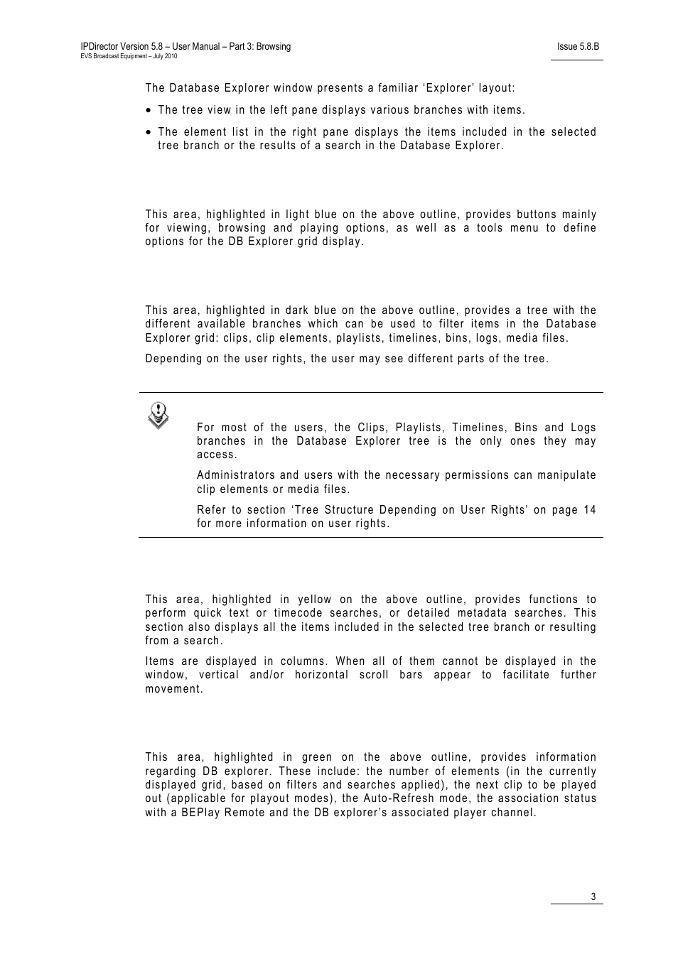 Toolbar (1), Tree view (2), Grid (3) | Status bar (4) | EVS IPDirector Version 5.8 - July 2010 Part 3 User's Manual User Manual | Page 14 / 137