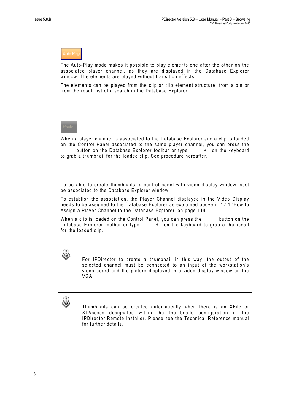Auto-play mode, 4 photo button, Creating thumbnails in database explorer | Photo button, Hoto, Utton | EVS IPDirector Version 5.8 - July 2010 Part 3 User's Manual User Manual | Page 19 / 137