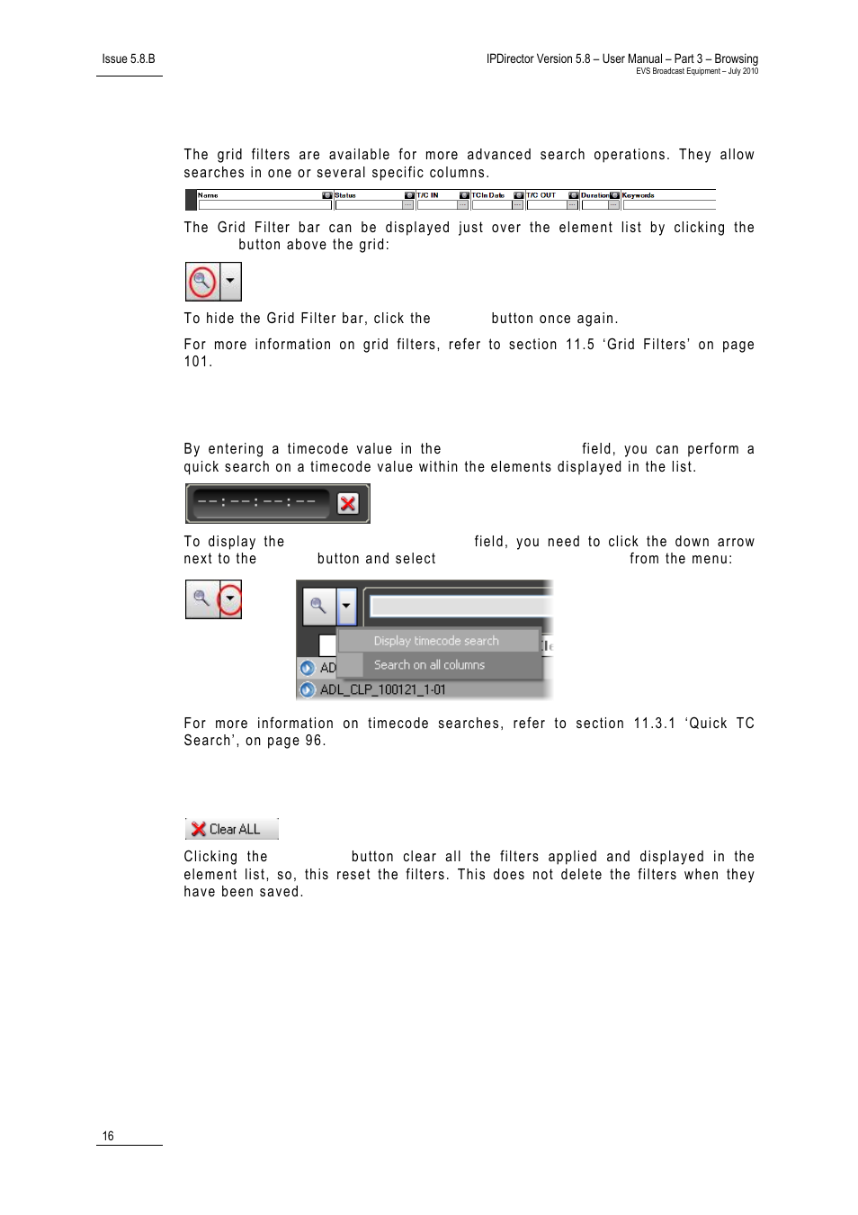 Grid filter bar, Quick tc search field, Clear all button | EVS IPDirector Version 5.8 - July 2010 Part 3 User's Manual User Manual | Page 27 / 137